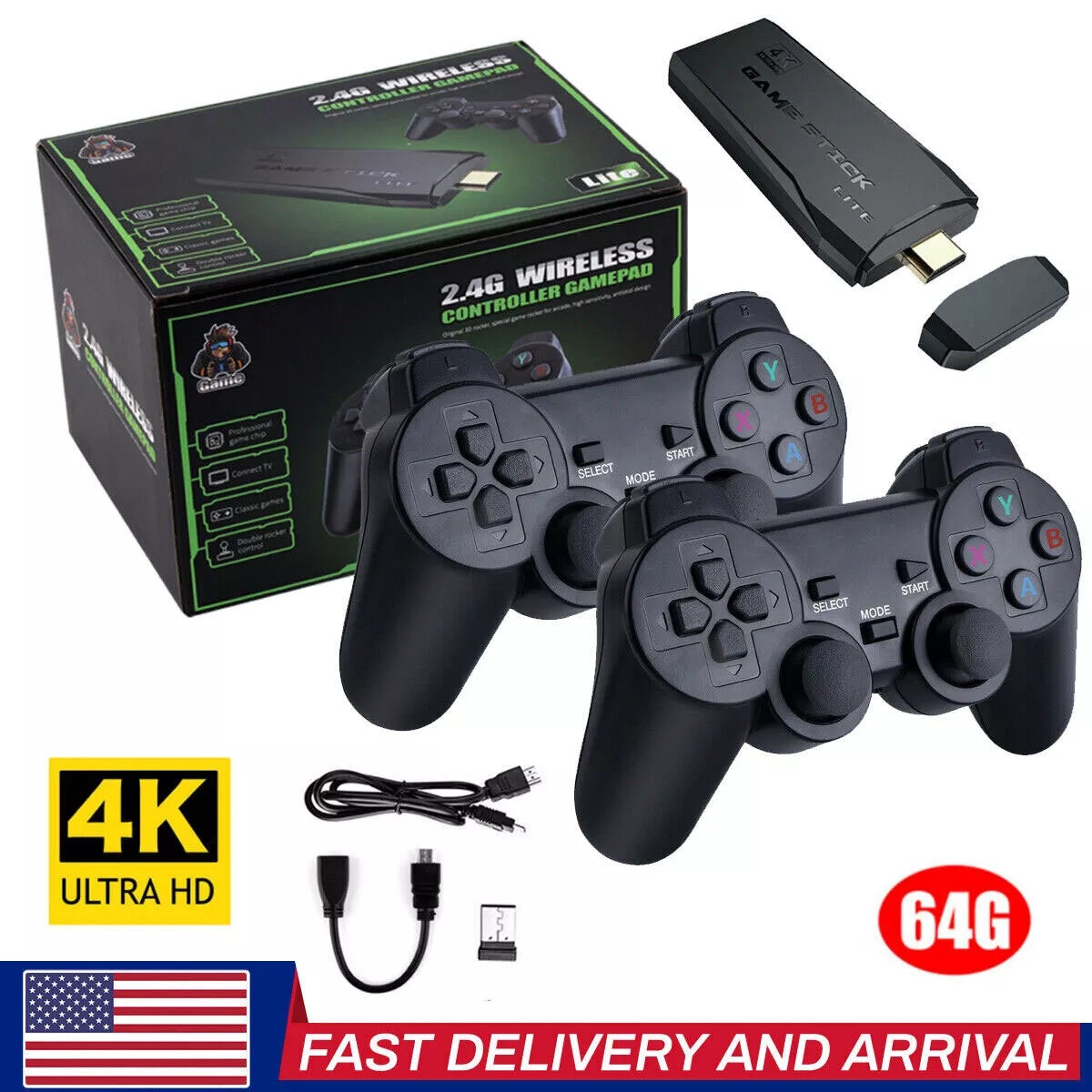 4K Retro Game Console Plug-Play 20000- Video Game Stick-2x Wireless Controllers CJ